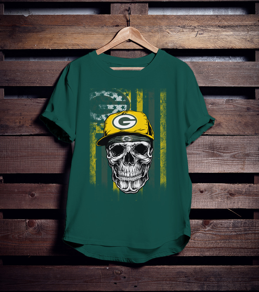 Green Bay Packers Skull With Cap And Distressed Flag T-Shirt