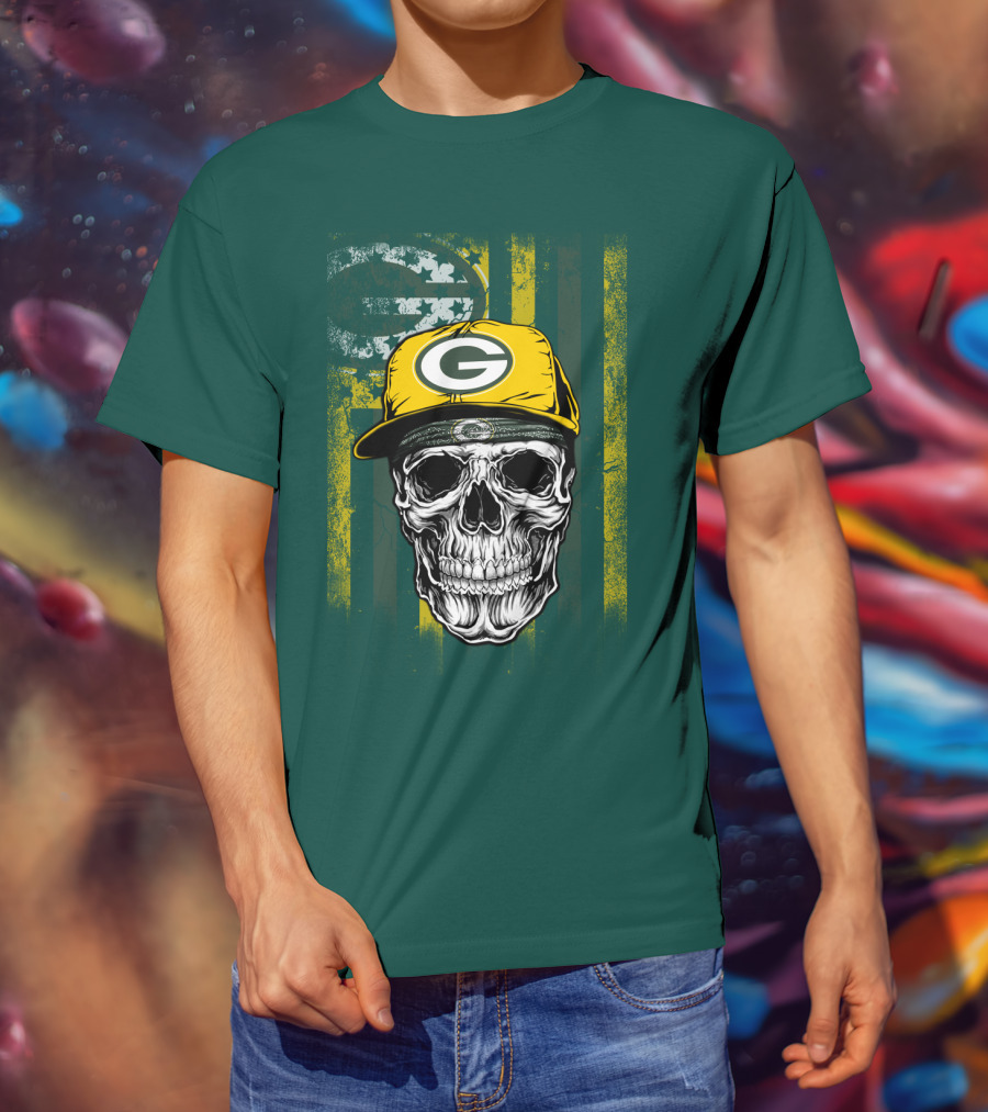 Green Bay Packers Skull With Cap And Distressed Flag T-Shirt