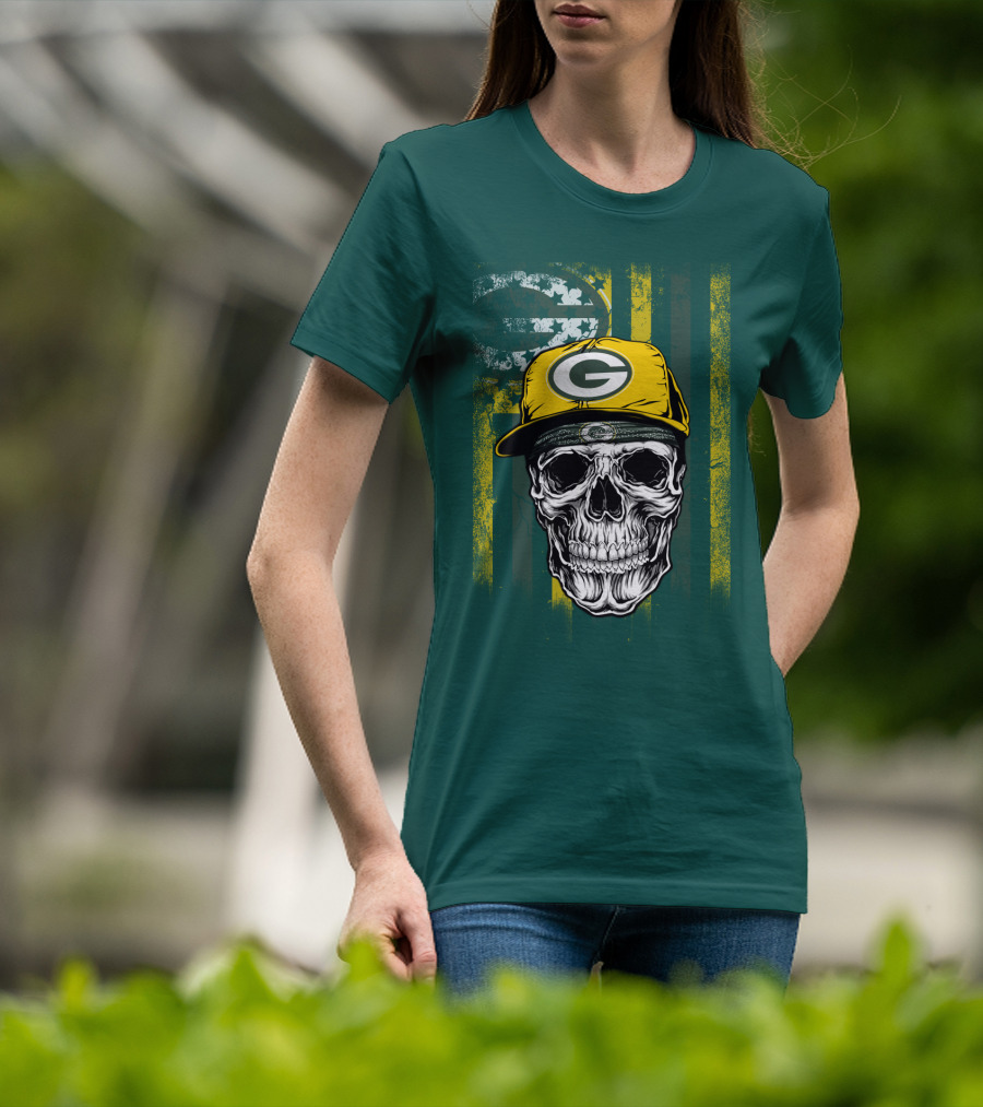 Green Bay Packers Skull With Cap And Distressed Flag T-Shirt