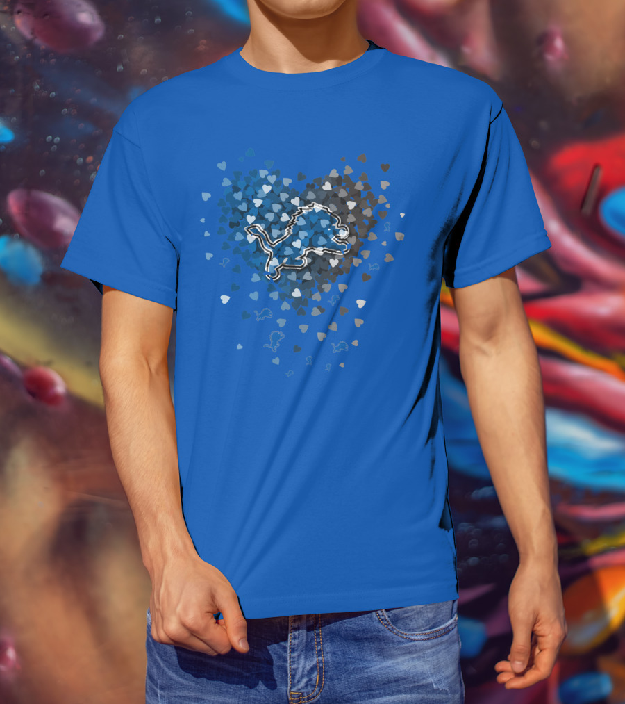 Detroit Lions Heart Shape Blue And White Logo With Hearts T-Shirt
