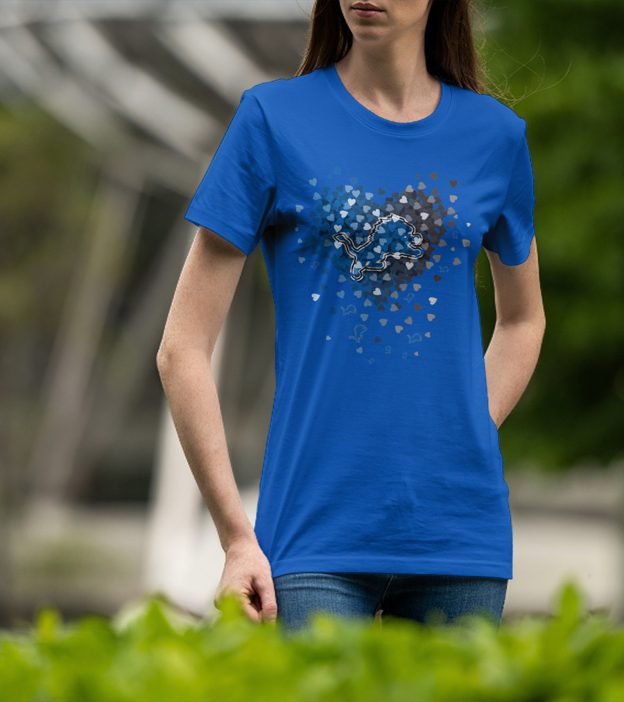 Detroit Lions Heart Shape Blue And White Logo With Hearts T-Shirt