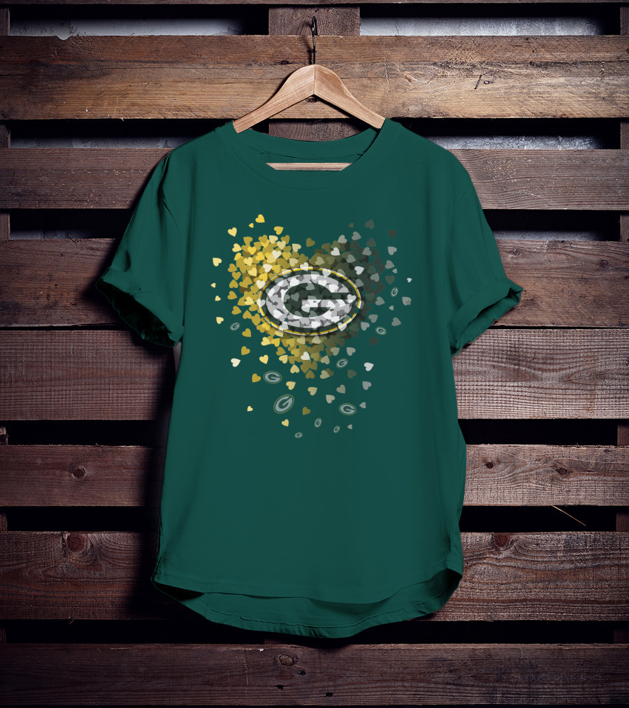 Green Bay Packers Heart Logo With Golden Hearts And Green T-Shirt
