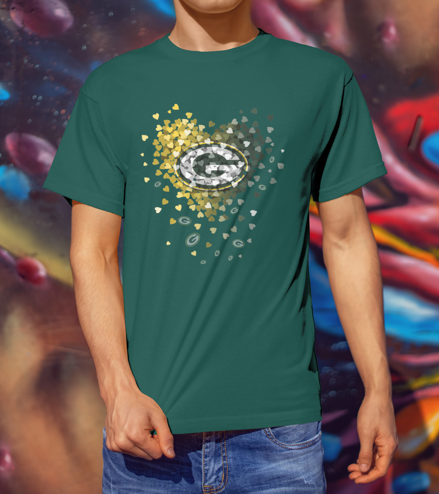 Green Bay Packers Heart Logo With Golden Hearts And Green T-Shirt