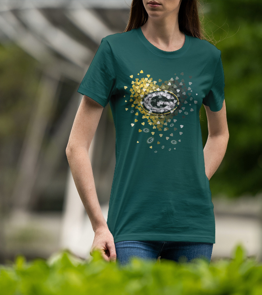 Green Bay Packers Heart Logo With Golden Hearts And Green T-Shirt