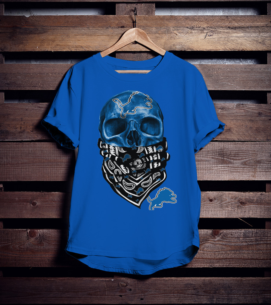 Detroit Lions Blue Skull Bandana Icon With Nfl Team T-Shirt