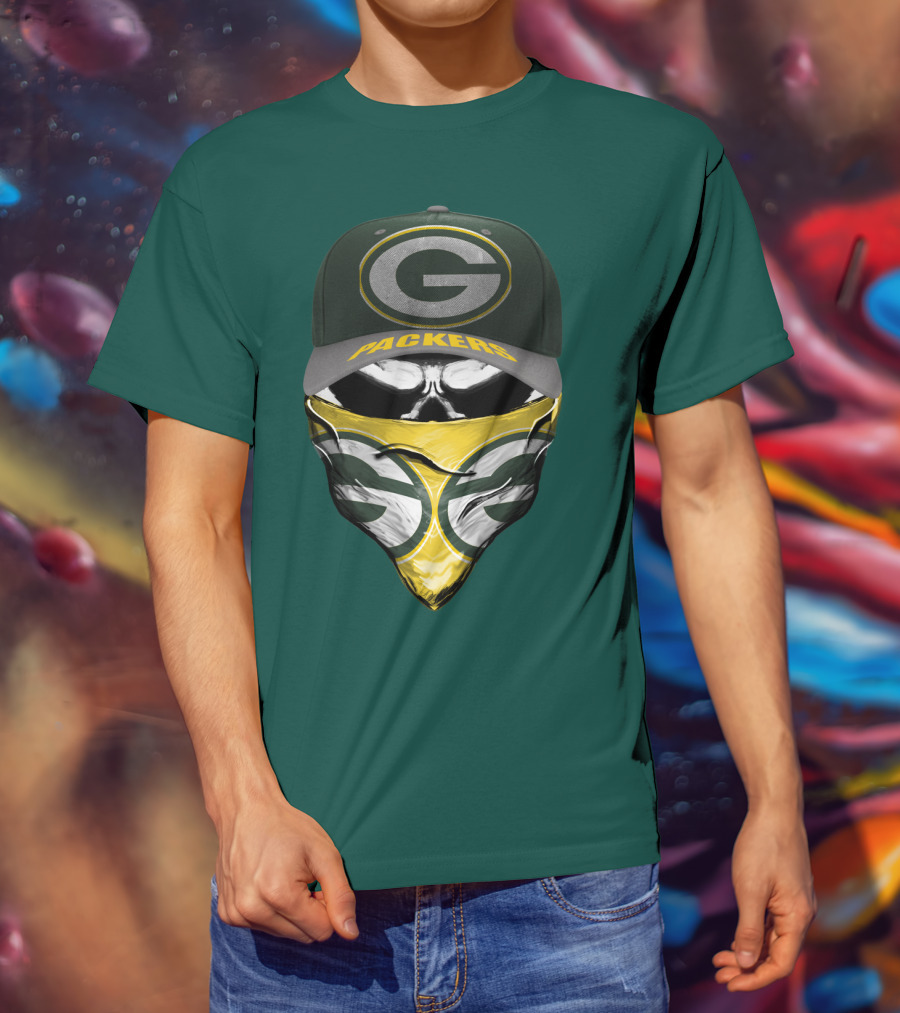 Green Bay Packers G Cap And Bandana Face Skull T-Shirt