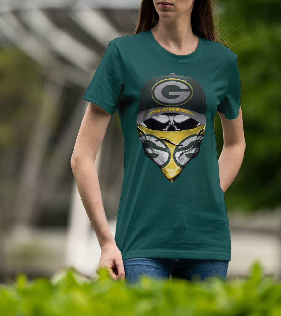 Green Bay Packers G Cap And Bandana Face Skull T-Shirt