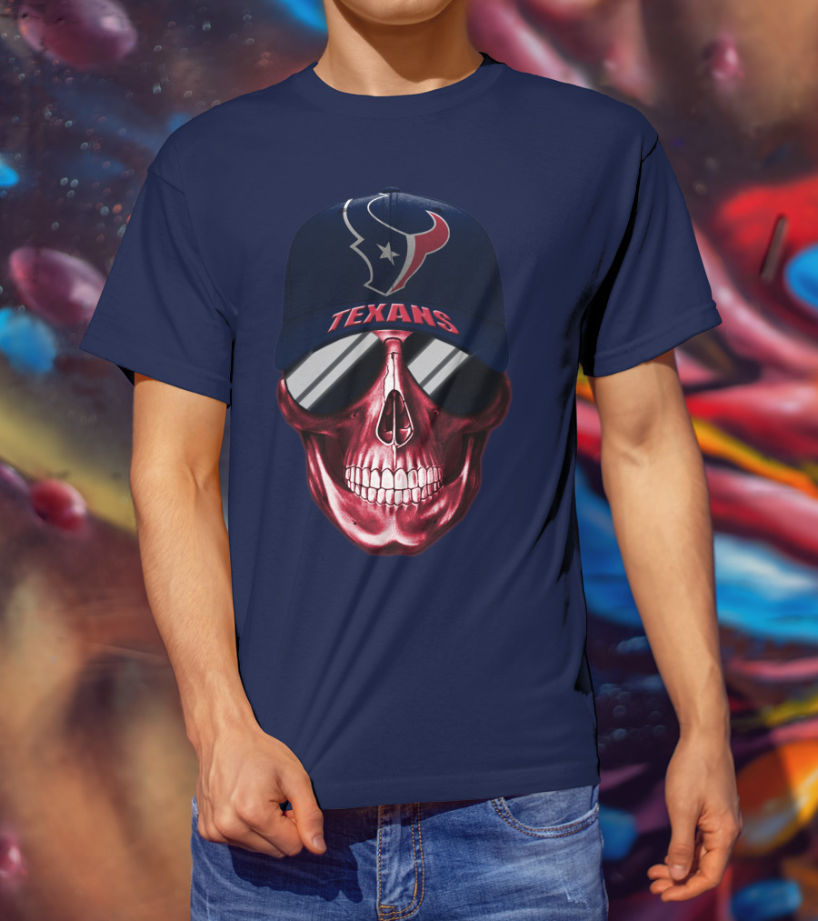 Houston Texans Skull With Cap And Sunglasses T-Shirt
