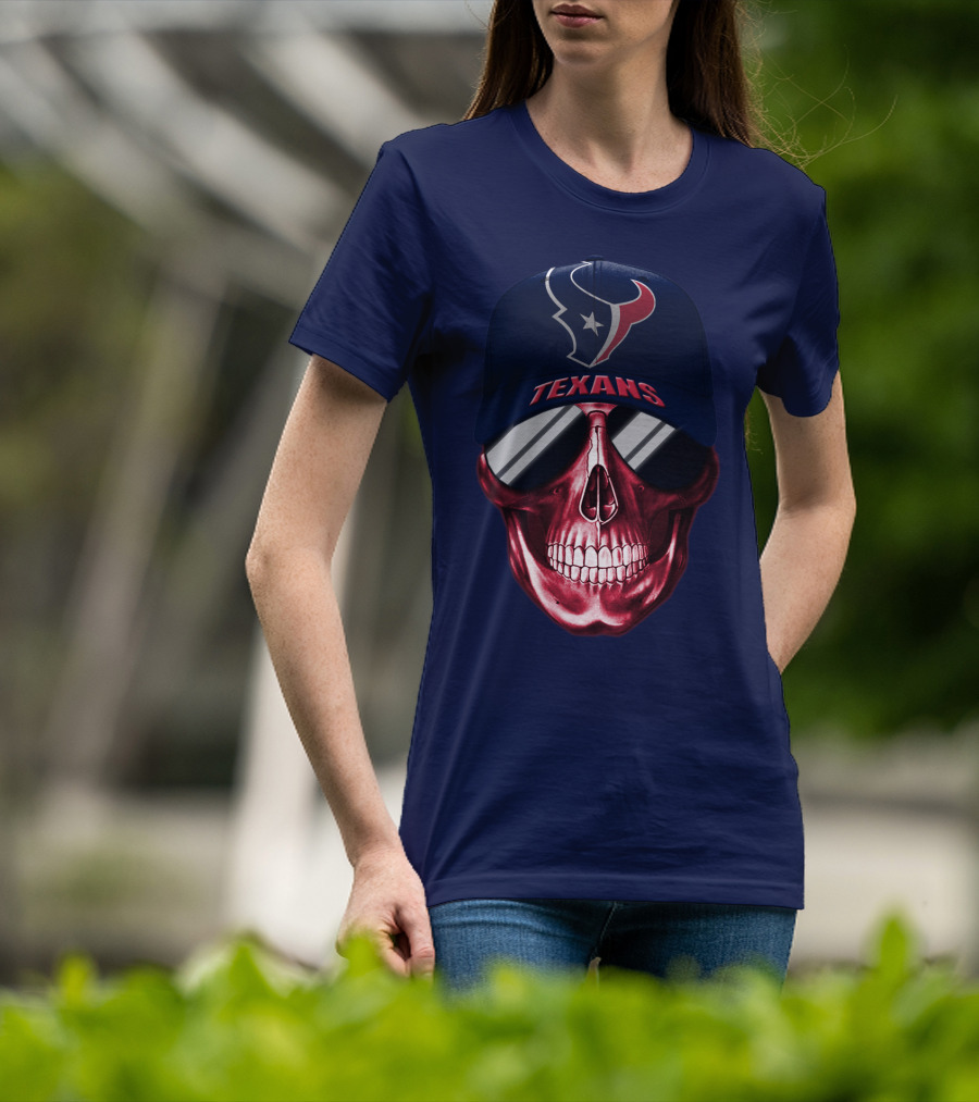 Houston Texans Skull With Cap And Sunglasses T-Shirt