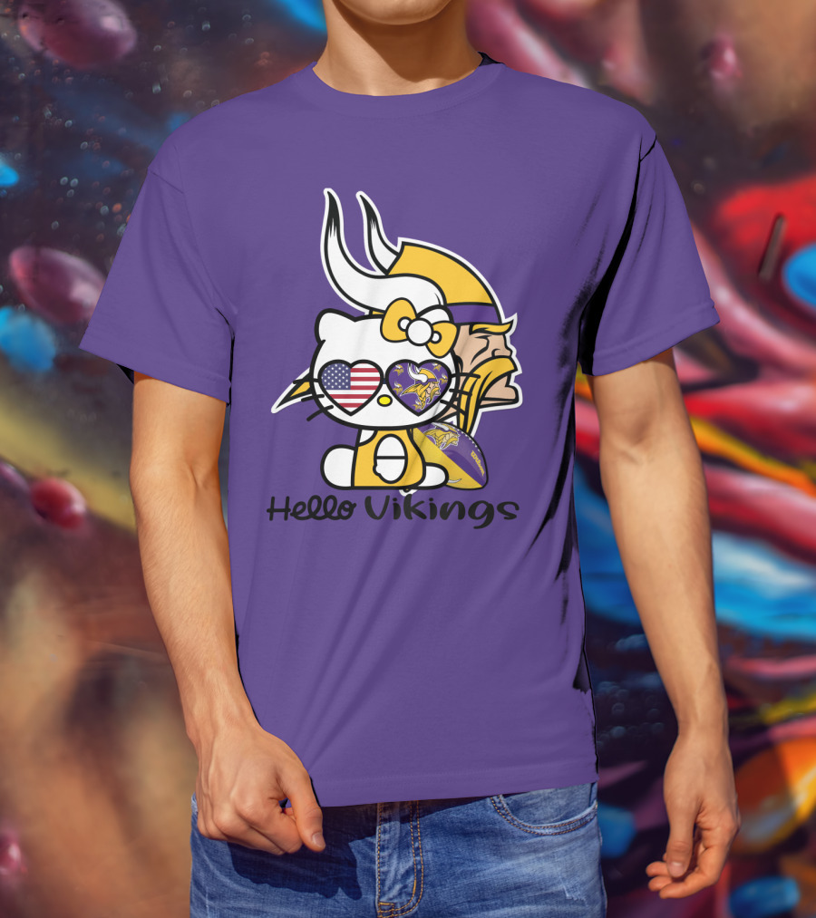 Hello Vikings Minnesota Vikings Fan Art Purple Football Kitty T-Shirt