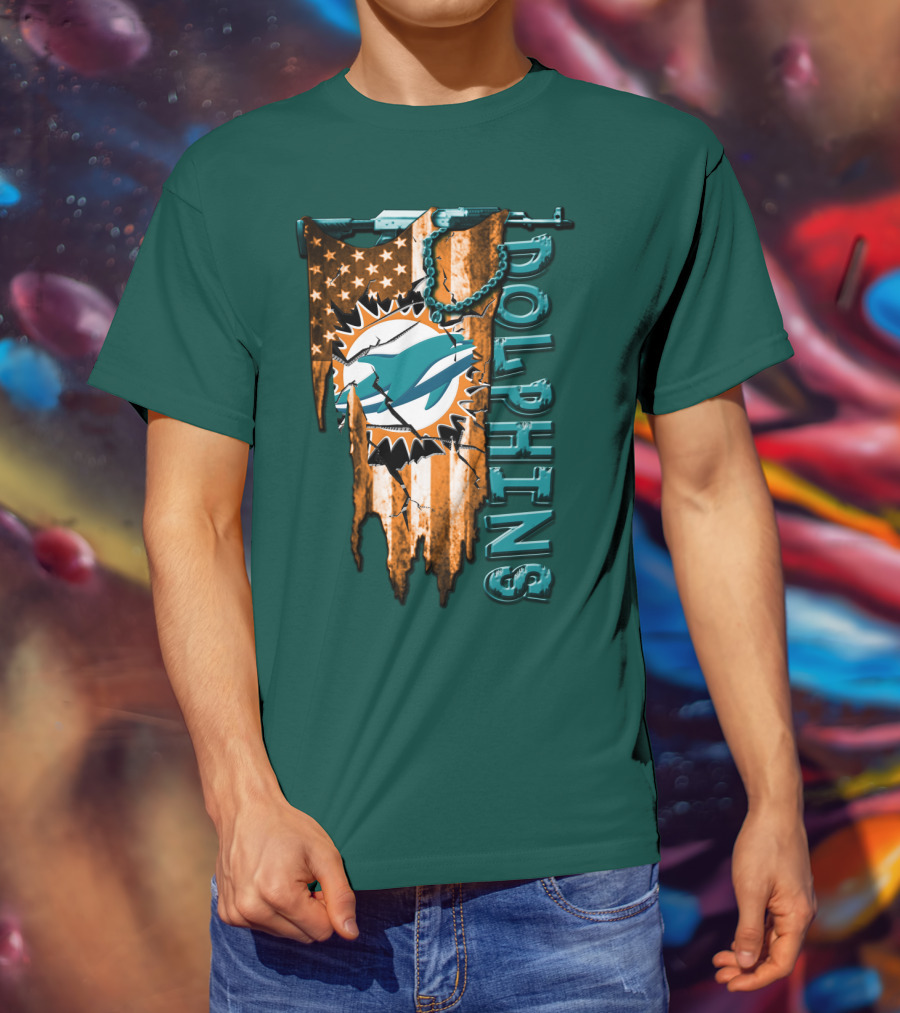 Miami Dolphins Flag And Logo Style With Stars And Stripes T-Shirt