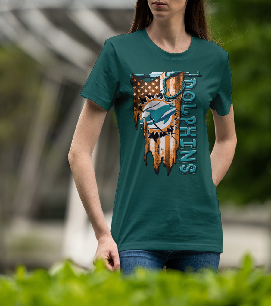 Miami Dolphins Flag And Logo Style With Stars And Stripes T-Shirt