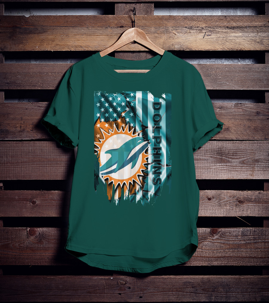 Miami Dolphins American Flag Sunburst Ocean Wave T-Shirt
