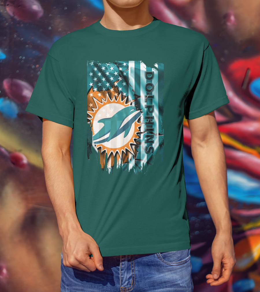 Miami Dolphins American Flag Sunburst Ocean Wave T-Shirt