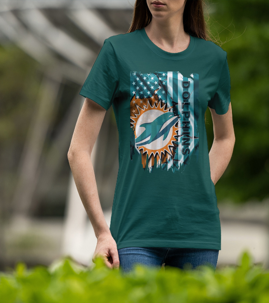 Miami Dolphins American Flag Sunburst Ocean Wave T-Shirt