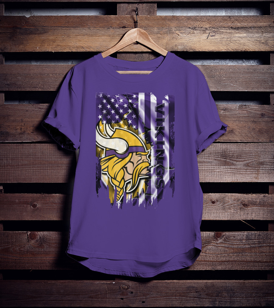 Minnesota Vikings American Flag Stars Stripes Purple Gold Viking Head T-Shirt