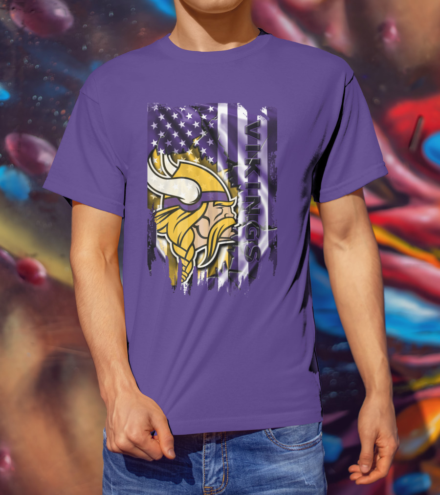 Minnesota Vikings American Flag Stars Stripes Purple Gold Viking Head T-Shirt