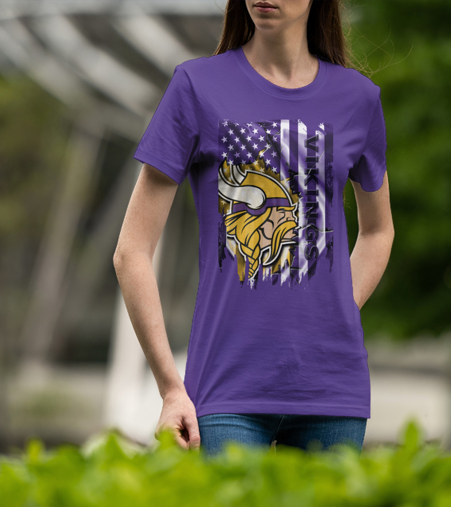 Minnesota Vikings American Flag Stars Stripes Purple Gold Viking Head T-Shirt