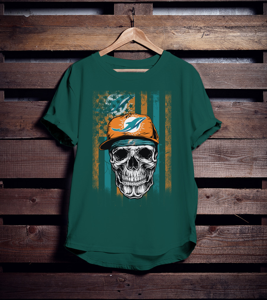 Miami Dolphins Skull With Cap And Logo In Orange And Teal Grunge Style T-Shirt