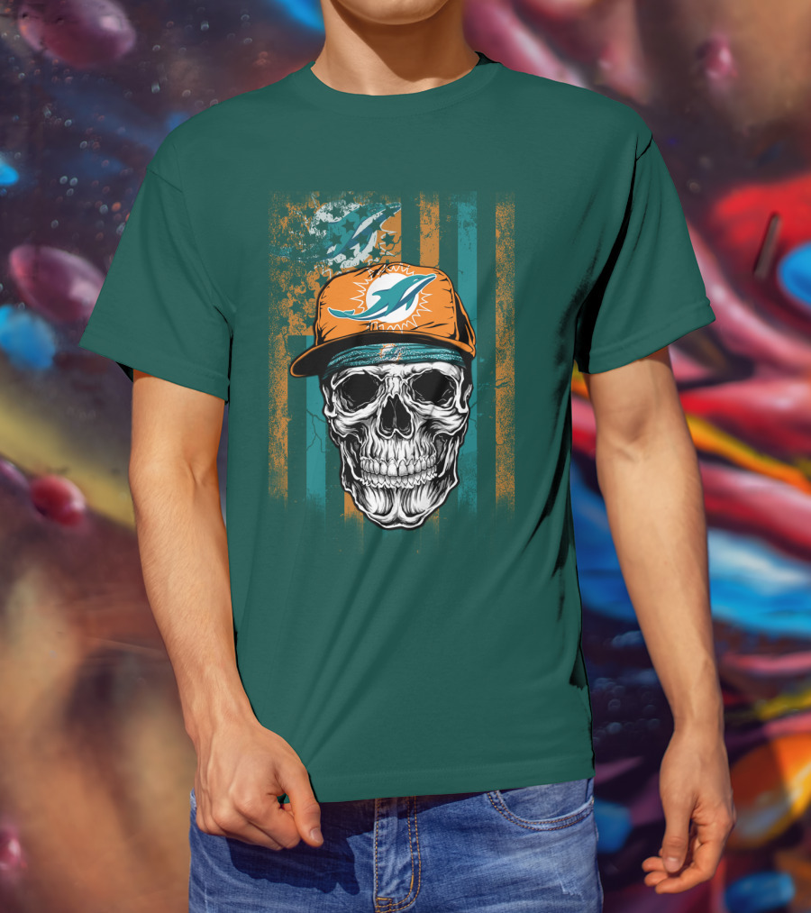 Miami Dolphins Skull With Cap And Logo In Orange And Teal Grunge Style T-Shirt