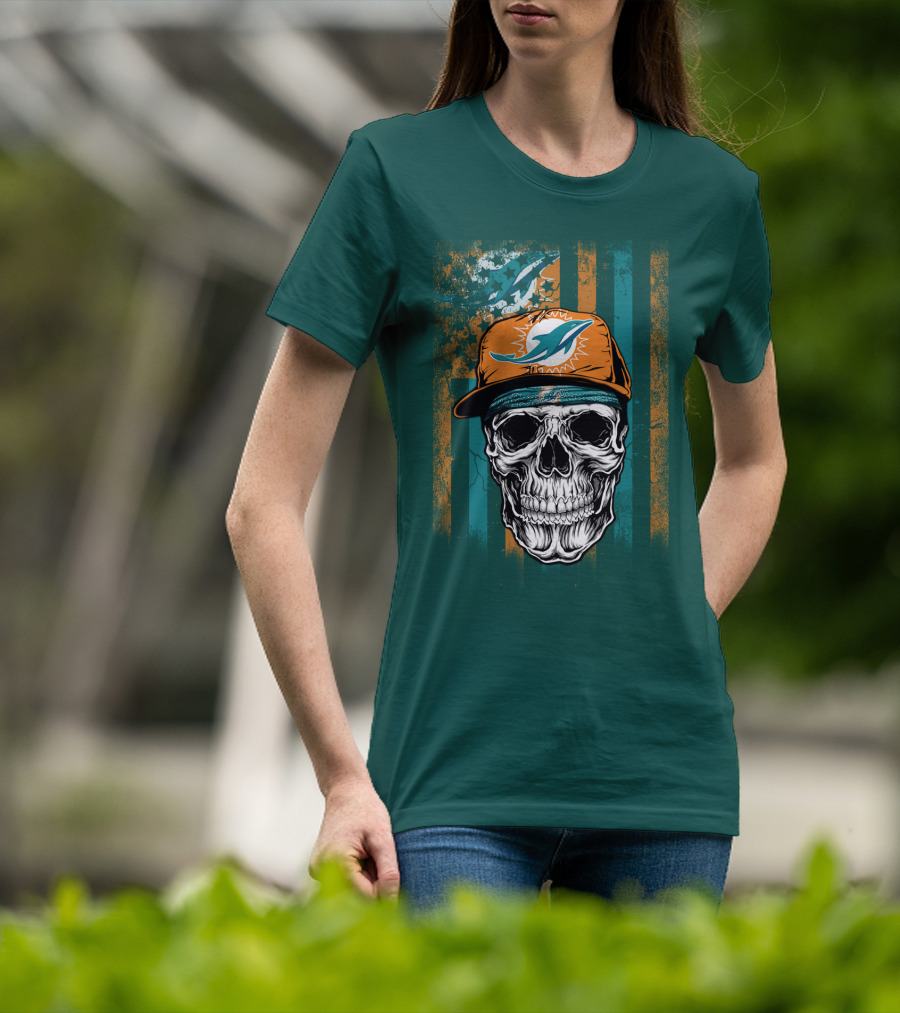 Miami Dolphins Skull With Cap And Logo In Orange And Teal Grunge Style T-Shirt