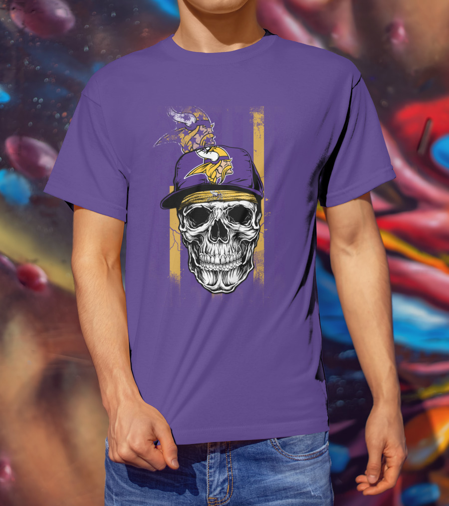Minnesota Vikings Skull With Cap And Logo On Purple T-Shirt