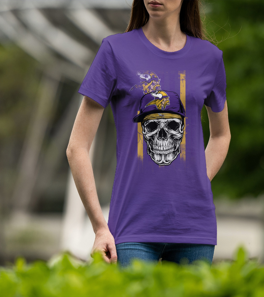 Minnesota Vikings Skull With Cap And Logo On Purple T-Shirt