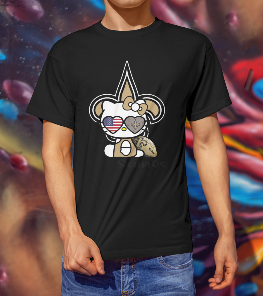 Hello Saints New Orleans Football Fleur-De-Lis Kitty Usa Heart T-Shirt