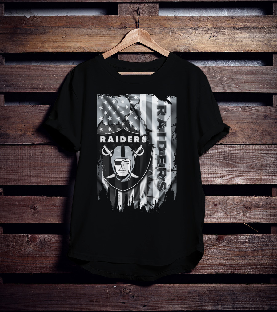 Raiders Nfl Logo With Black And White American Flag T-Shirt