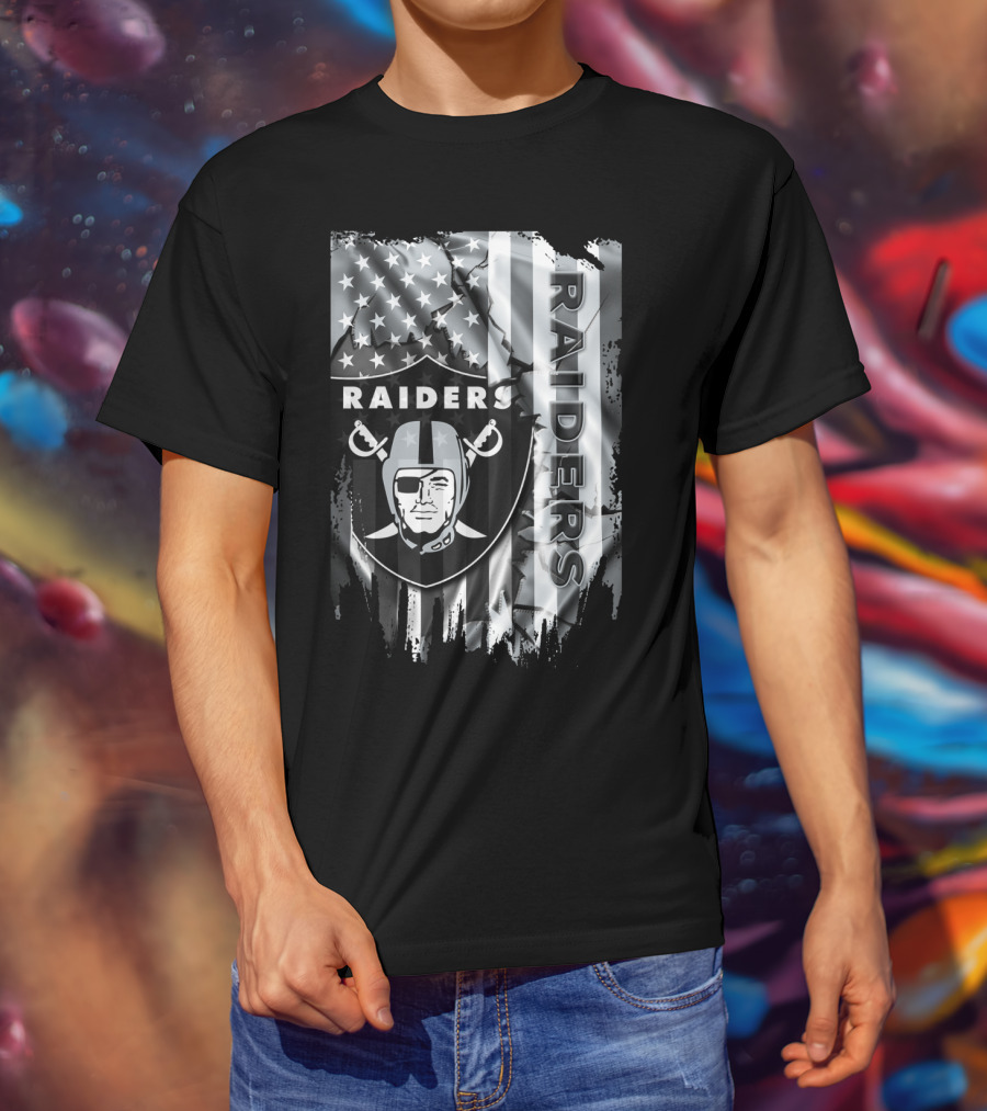 Raiders Nfl Logo With Black And White American Flag T-Shirt