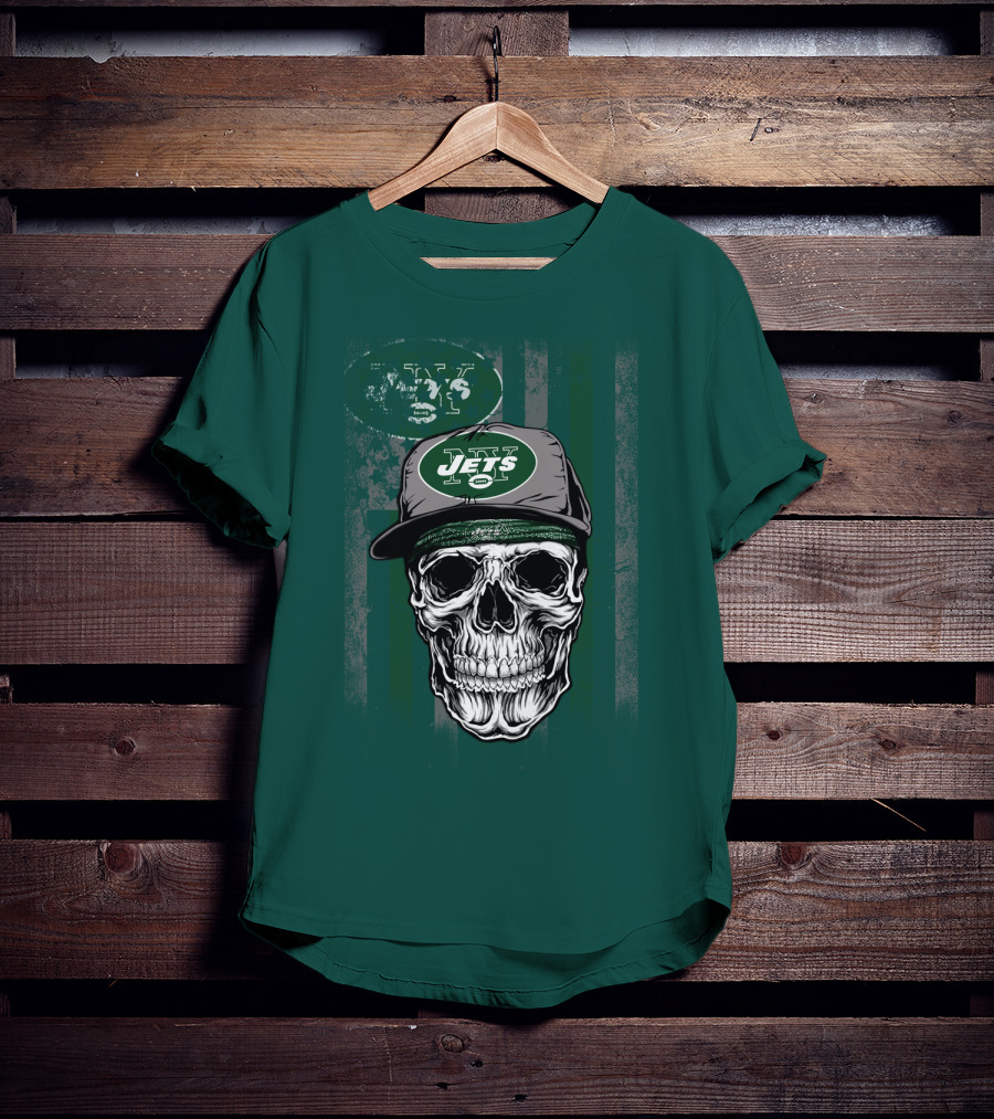 Skull With New York Jets Cap And Logo On Green Stripe T-Shirt
