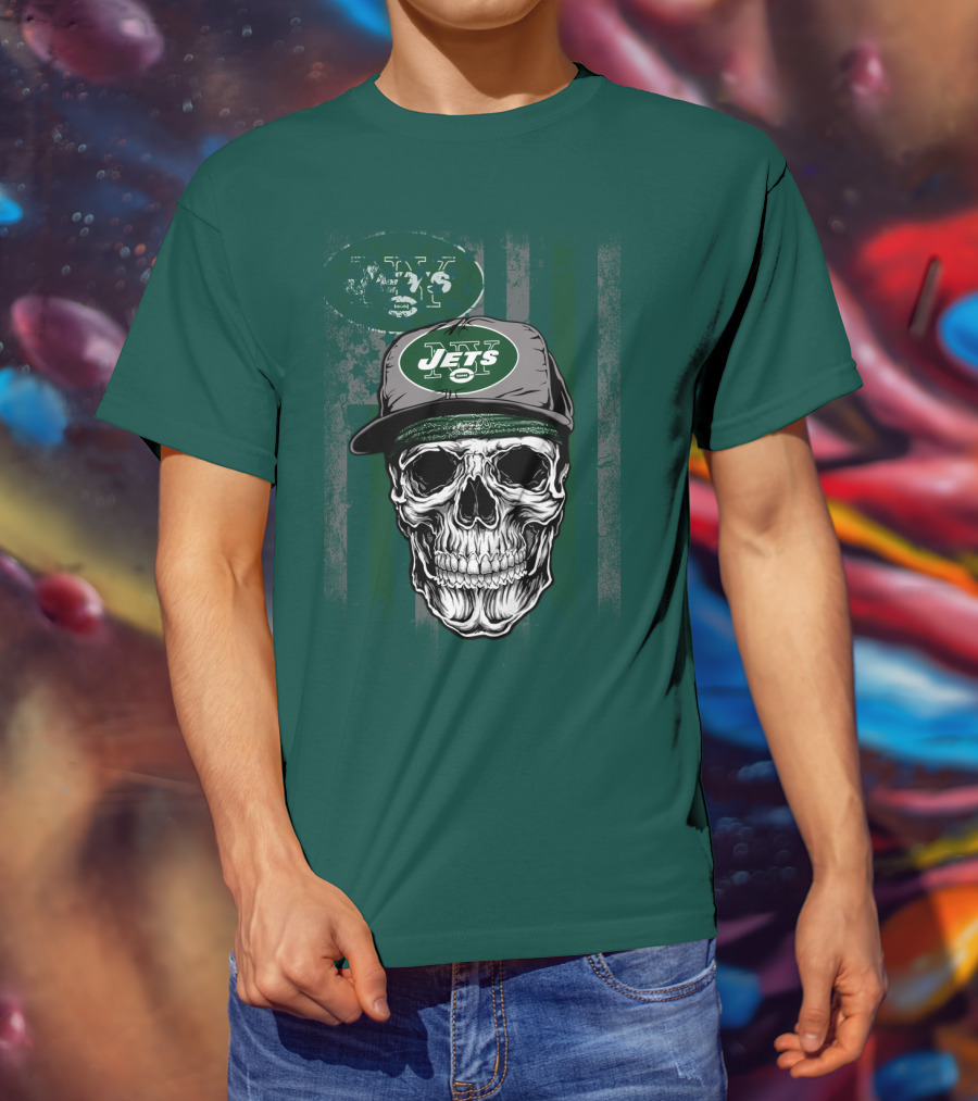 Skull With New York Jets Cap And Logo On Green Stripe T-Shirt