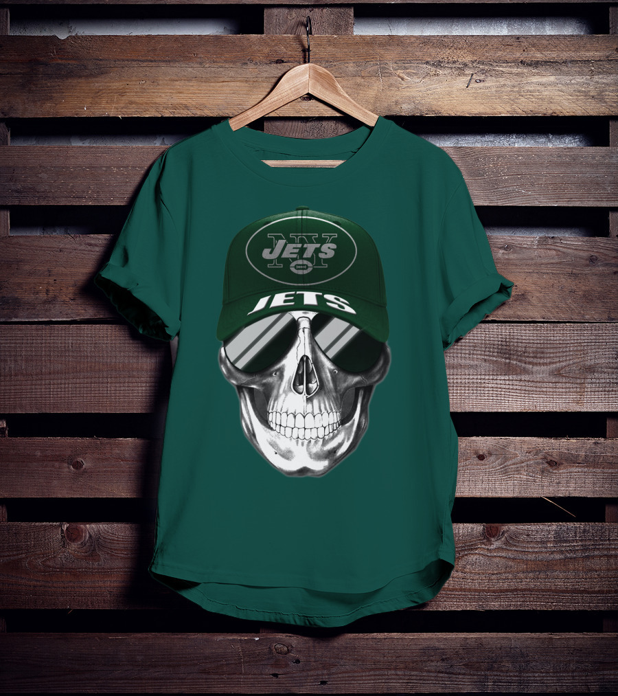 New York Jets Skull With Cap And Sunglasses T-Shirt