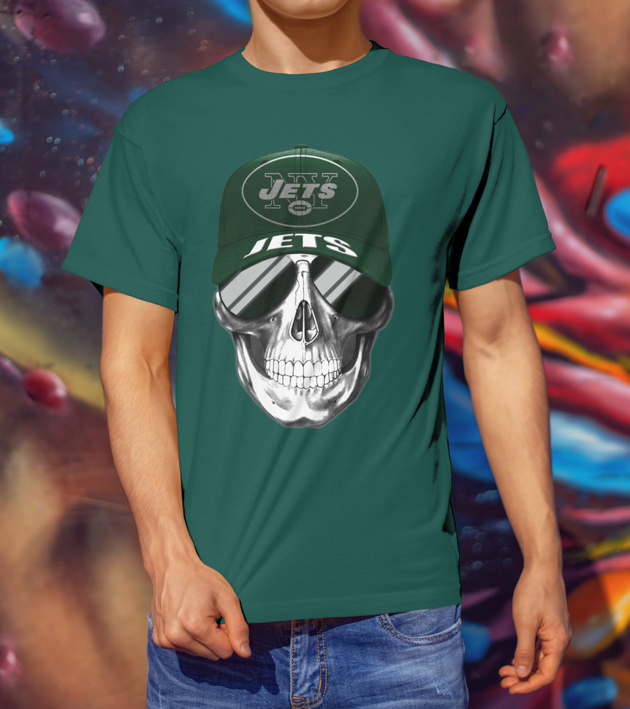 New York Jets Skull With Cap And Sunglasses T-Shirt