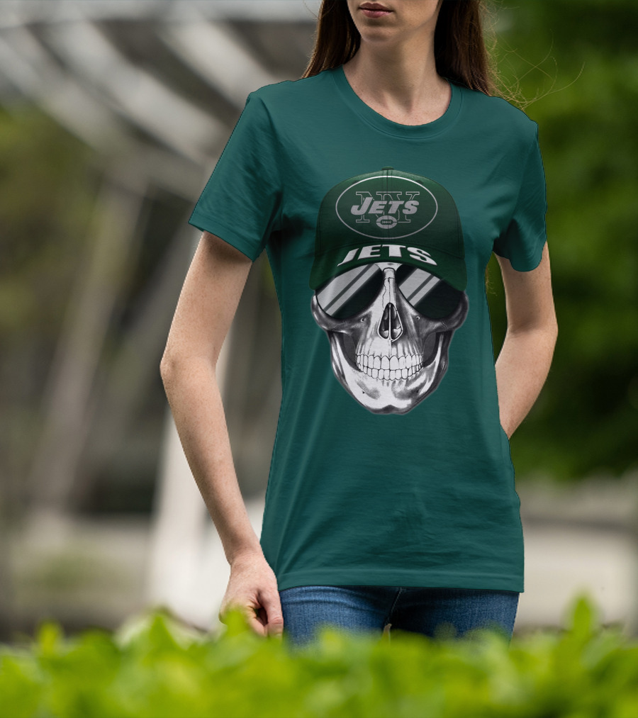 New York Jets Skull With Cap And Sunglasses T-Shirt