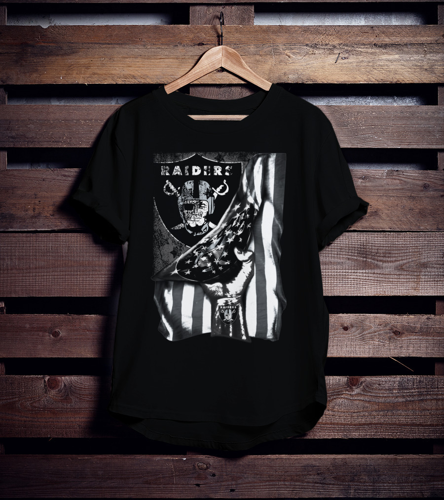 Raiders Shield Helmet And Stars Stripes Black And White Tribute T-Shirt