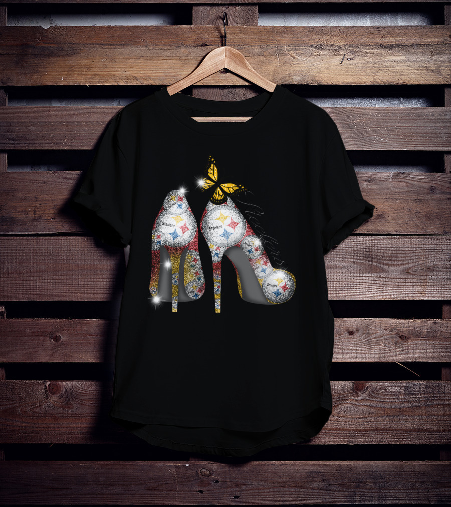 Steelers Pittsburgh High Heels With Yellow Butterfly Sparkle T-Shirt