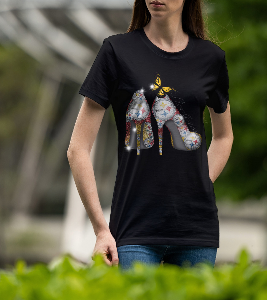 Steelers Pittsburgh High Heels With Yellow Butterfly Sparkle T-Shirt