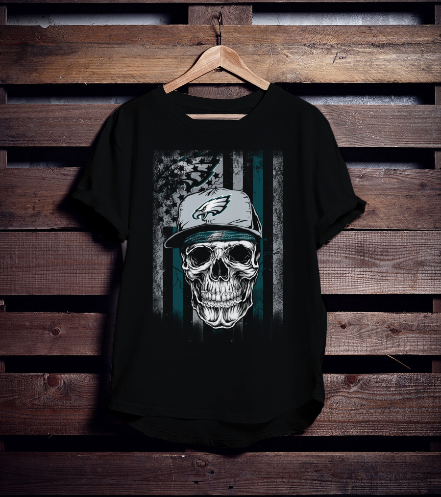 Philadelphia Eagles Skull With Hat On Striped T-Shirt