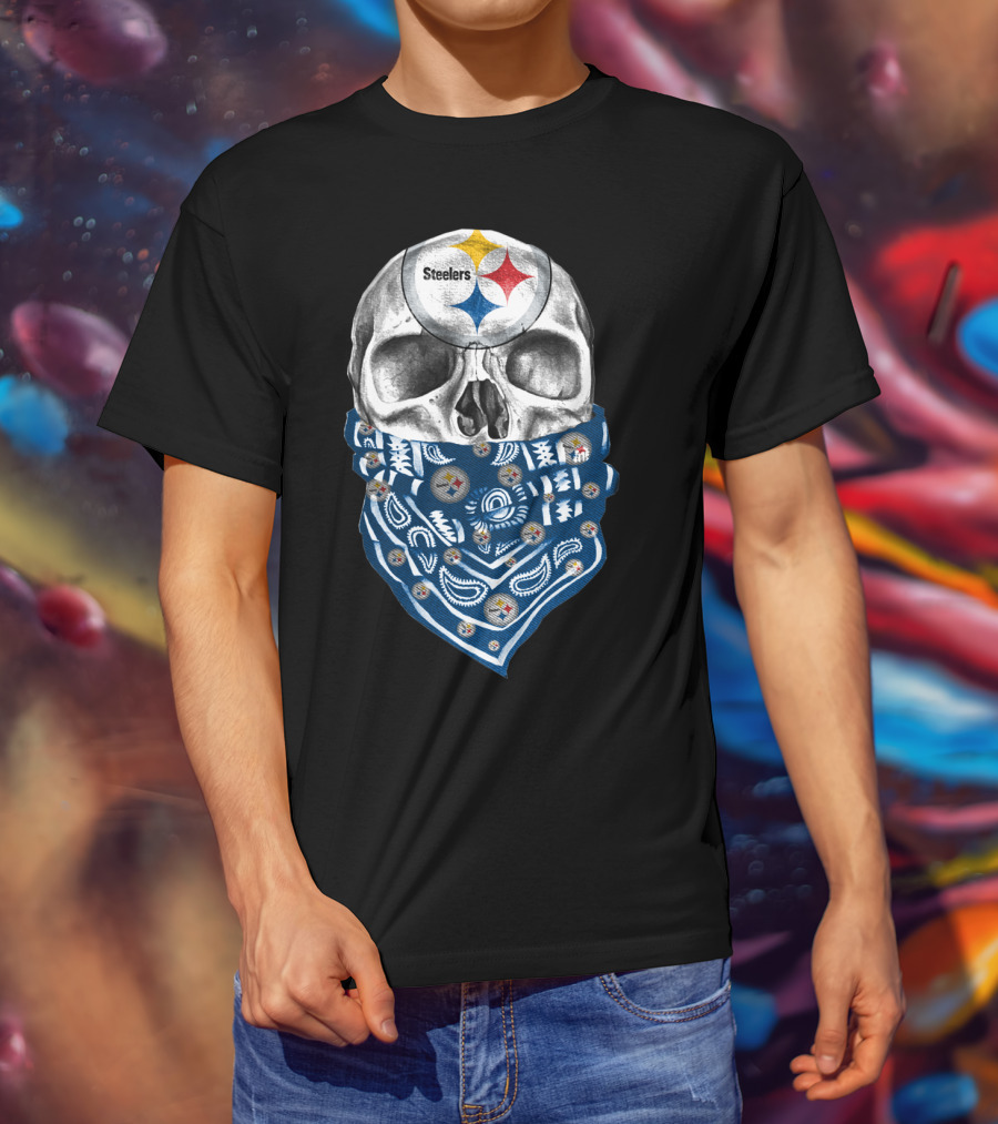 Pittsburgh Steelers Skull Bandana With Team Logo Elements T-Shirt
