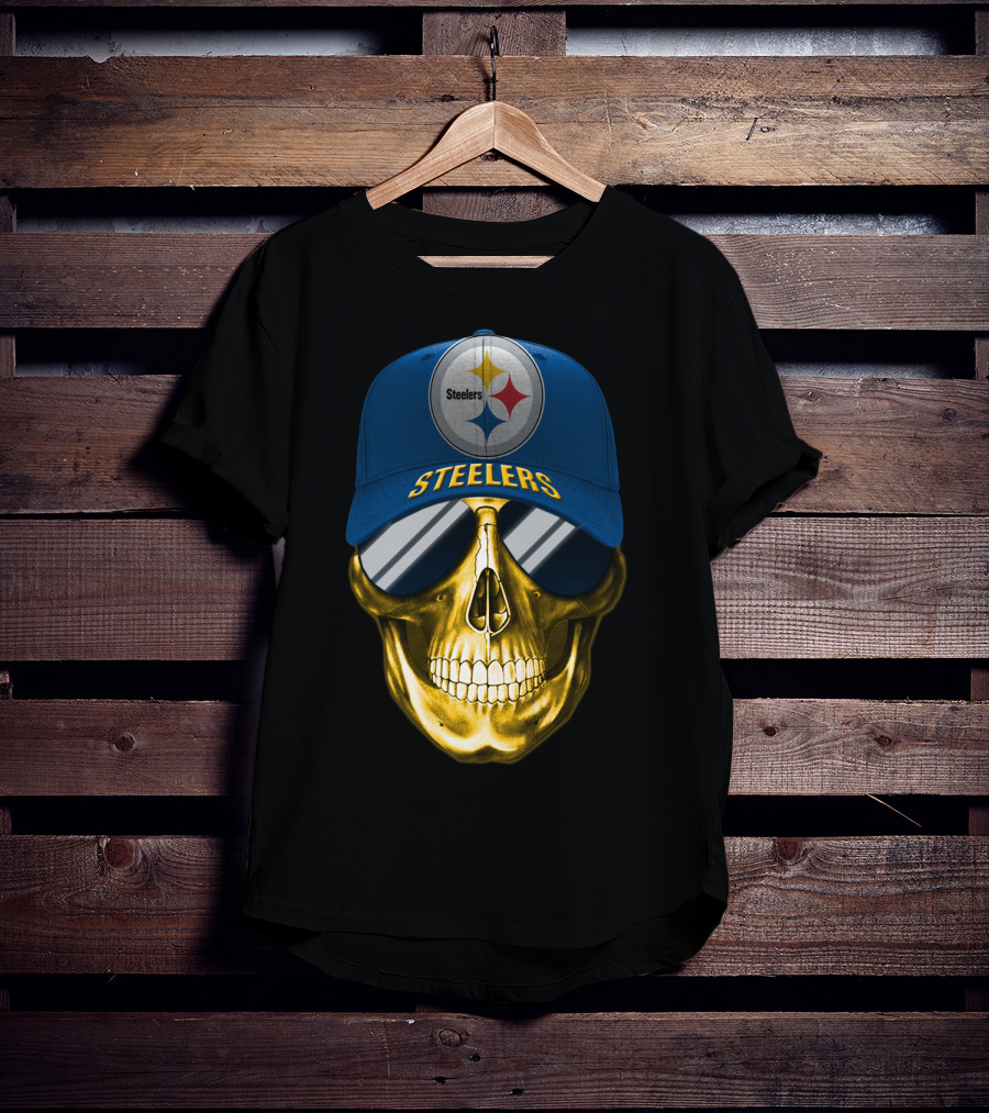 Pittsburgh Steelers Skull Wearing Reflective Sunglasses And Branded Cap T-Shirt