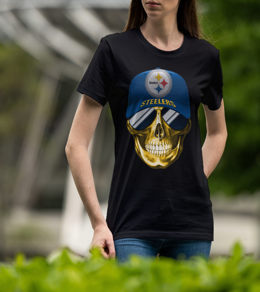 Pittsburgh Steelers Skull Wearing Reflective Sunglasses And Branded Cap T-Shirt
