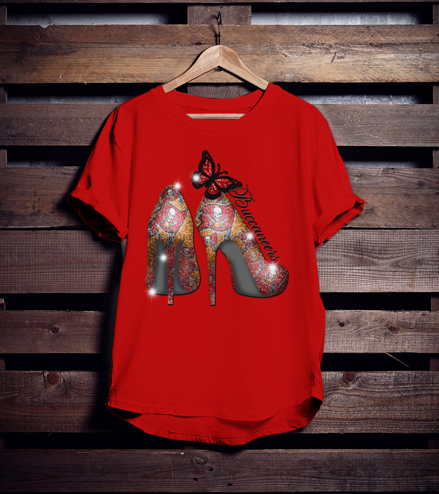Buccaneers Heels With Red And Gold Skull Pattern Butterfly Accent T-Shirt