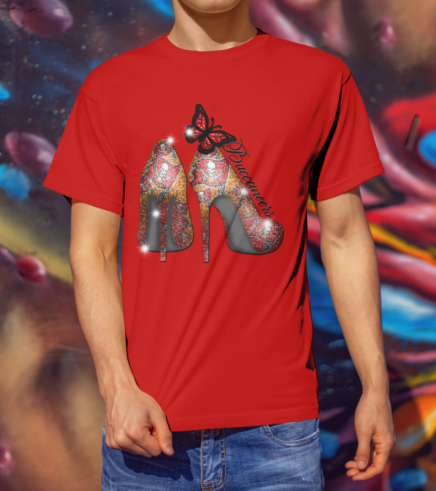 Buccaneers Heels With Red And Gold Skull Pattern Butterfly Accent T-Shirt