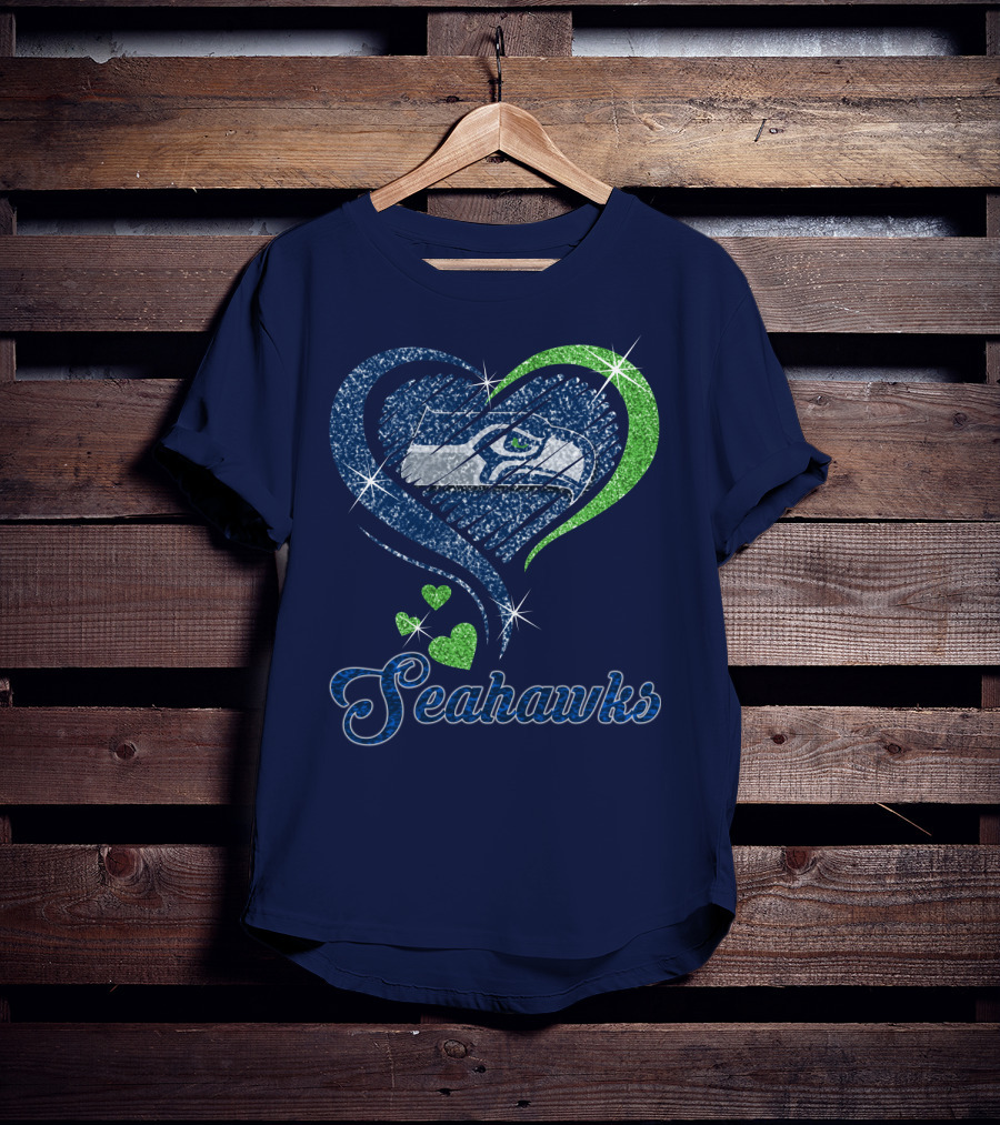 Seahawks Heart Logo With Green And Blue Sparkles T-Shirt