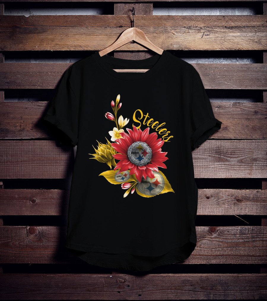 Steelers Floral Emblem With Pittsburgh Steelers Logos And Blooming Flowers T-Shirt