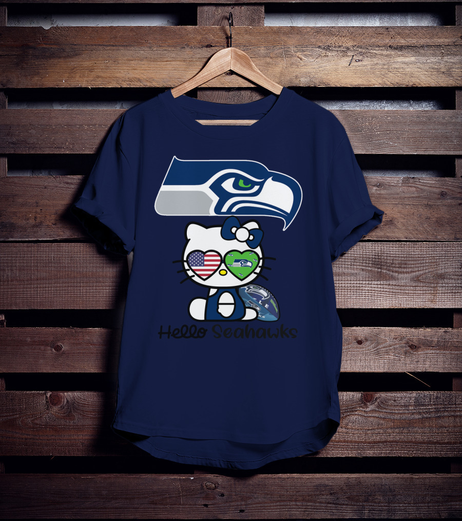 Seattle Seahawks Hello Kitty With Heart Eyes American Flag T-Shirt