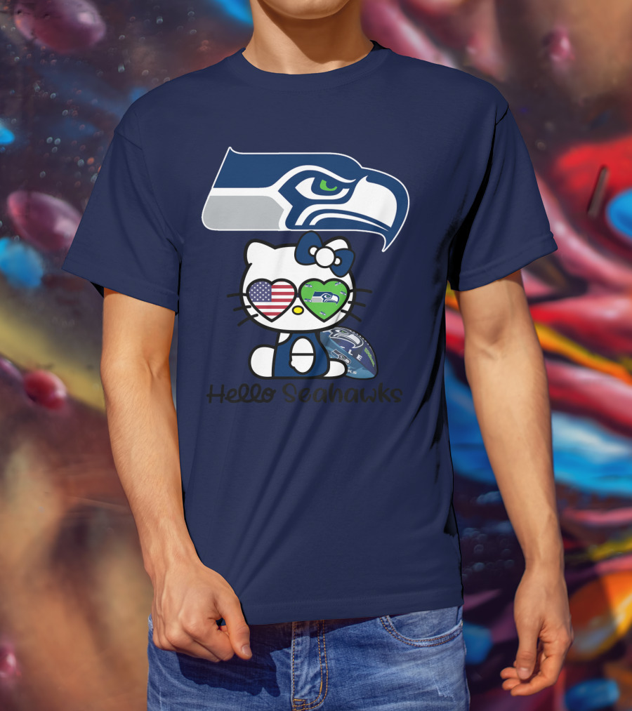 Seattle Seahawks Hello Kitty With Heart Eyes American Flag T-Shirt