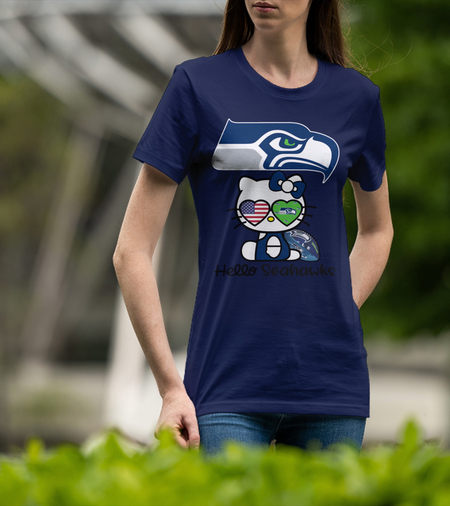 Seattle Seahawks Hello Kitty With Heart Eyes American Flag T-Shirt