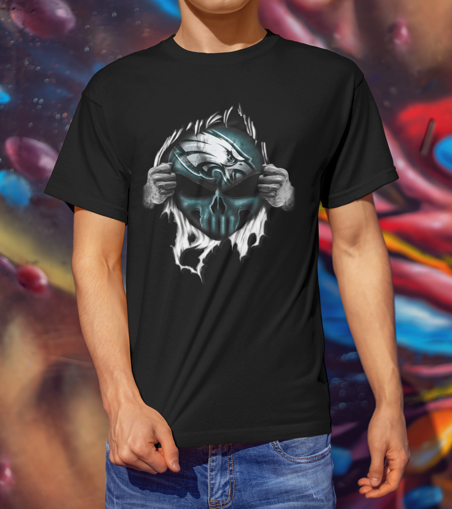 Philadelphia Eagles Skull Logo Face Ripped T-Shirt